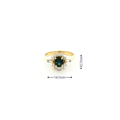 Sapphire & Natural Diamond Halo with Baguette Sides in 18ct Yellow Gold