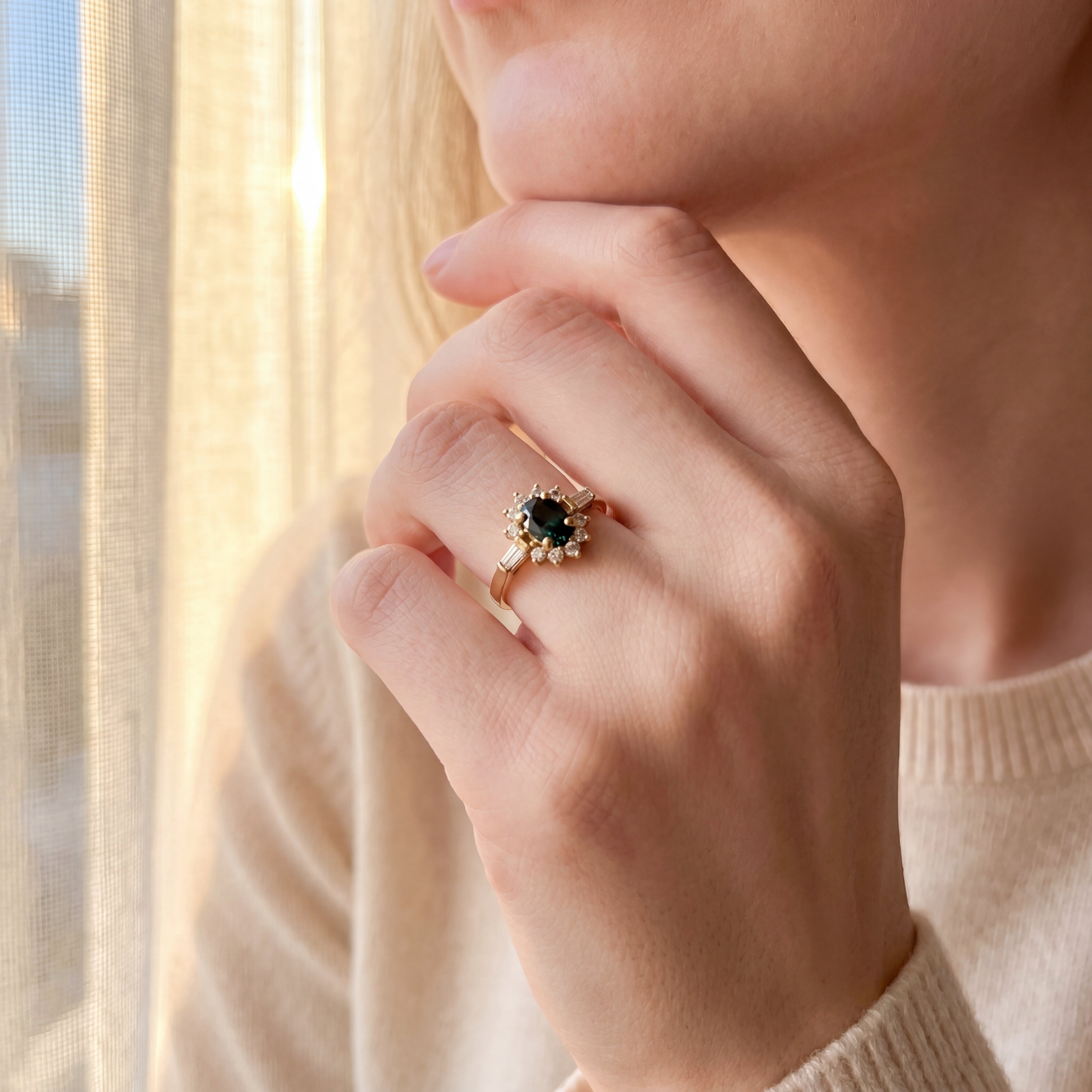 Sapphire & Natural Diamond Halo with Baguette Sides in 18ct Yellow Gold