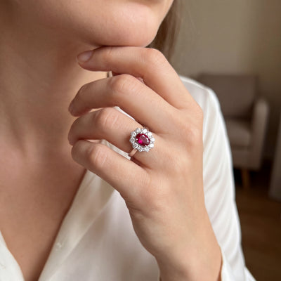 1.20ct Ruby 1ct Diamond Cluster Ring Set In Platinum