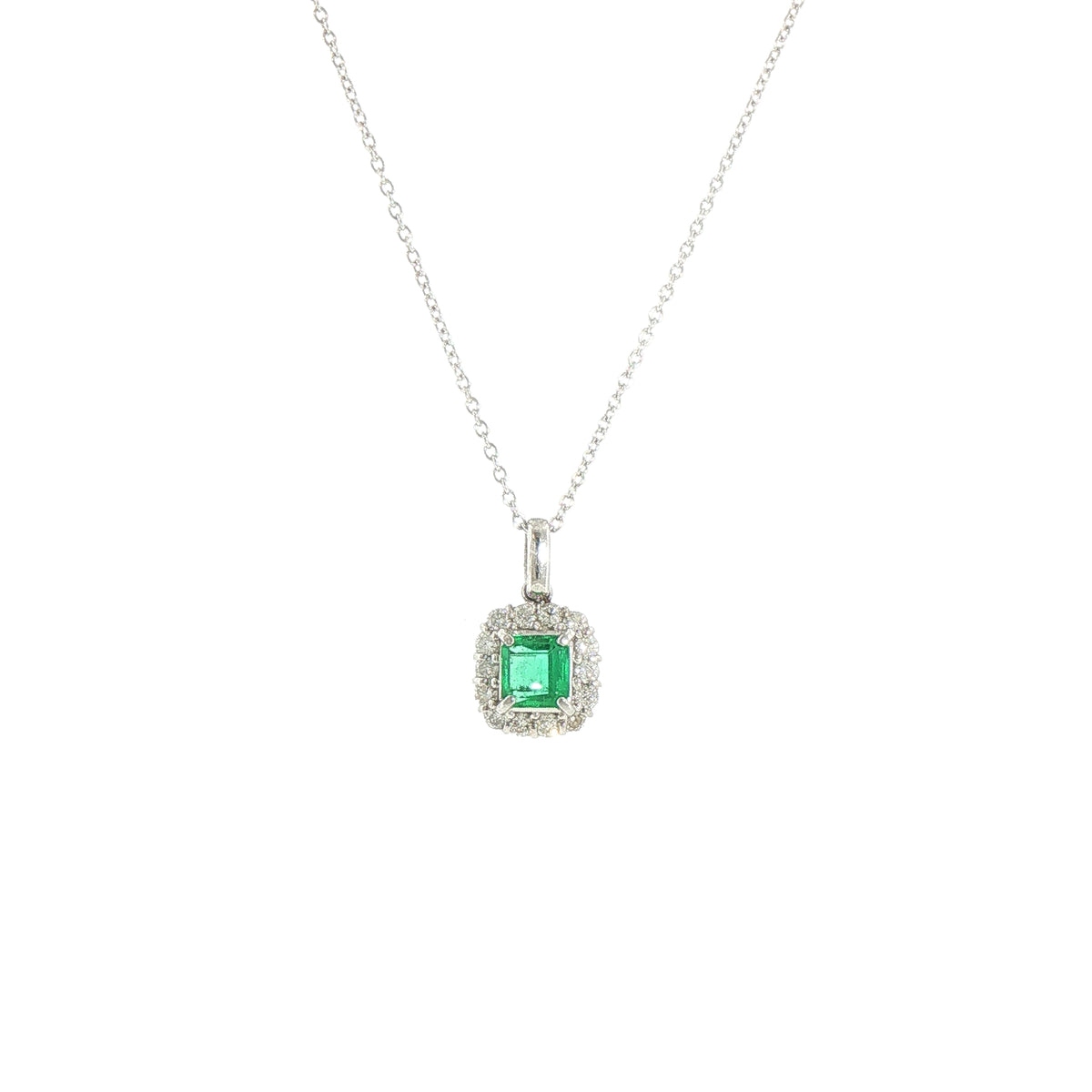 Vintage 0.73ct Emerald and Natural Diamond Halo Pendant in 18ct White Gold