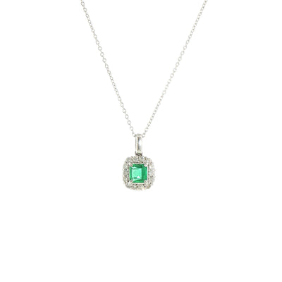 Vintage 0.73ct Emerald and Natural Diamond Halo Pendant in 18ct White Gold