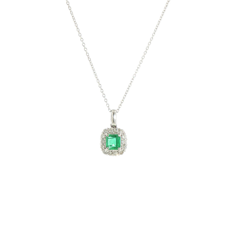 Vintage 0.73ct Emerald and Natural Diamond Halo Pendant in 18ct White Gold