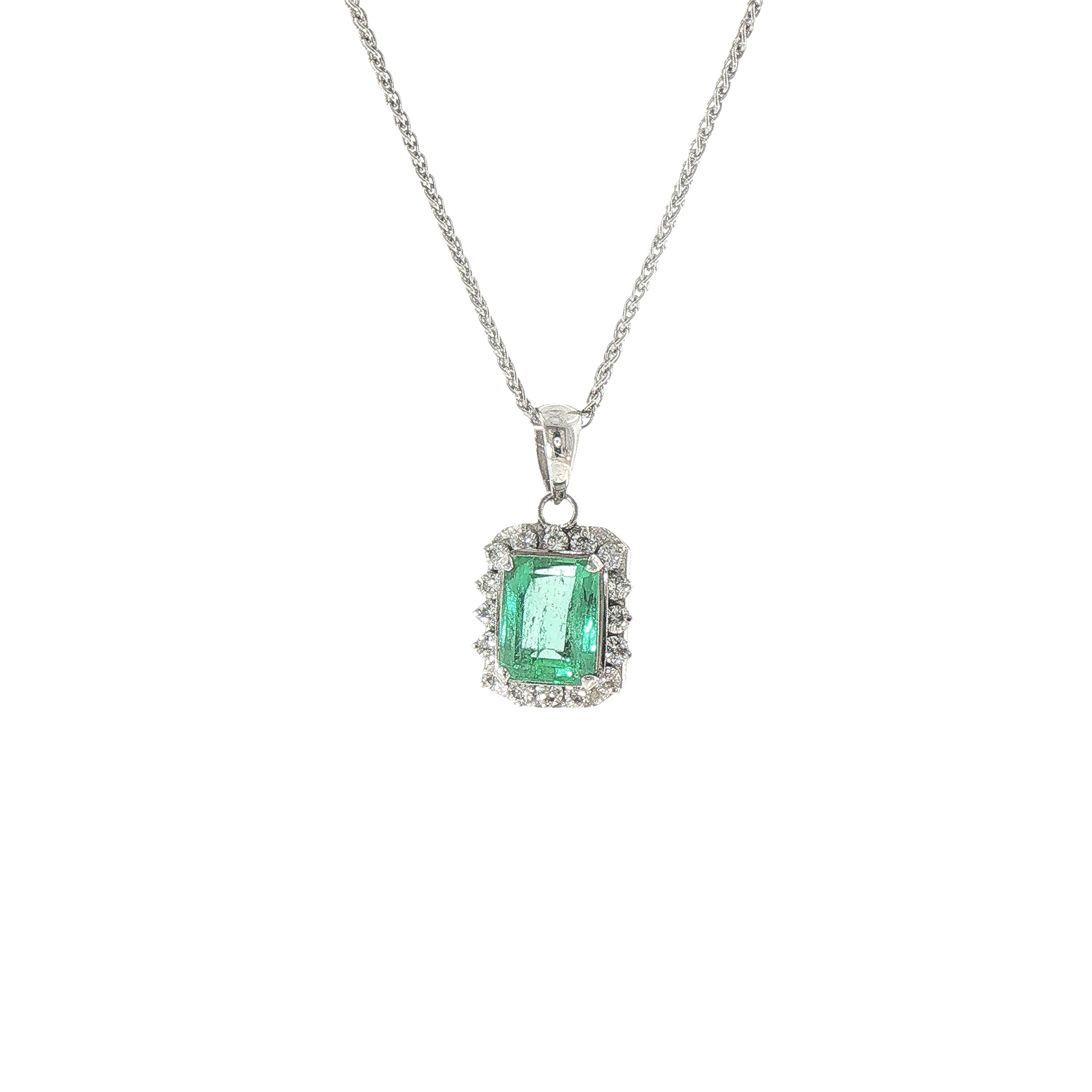 Platinum Emerald Cut Natural Emerald & Diamond Halo Pendant Necklace