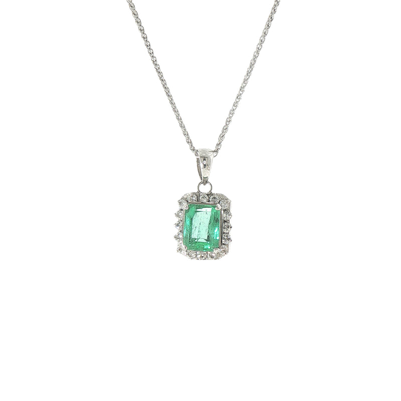 Platinum Emerald Cut Natural Emerald & Diamond Halo Pendant Necklace