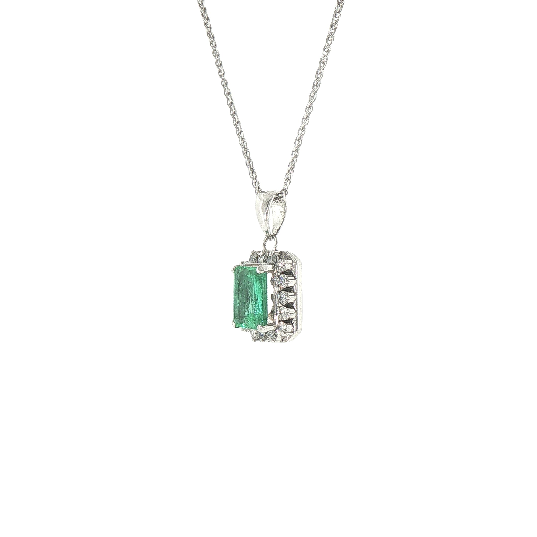 Platinum Emerald Cut Natural Emerald & Diamond Halo Pendant Necklace