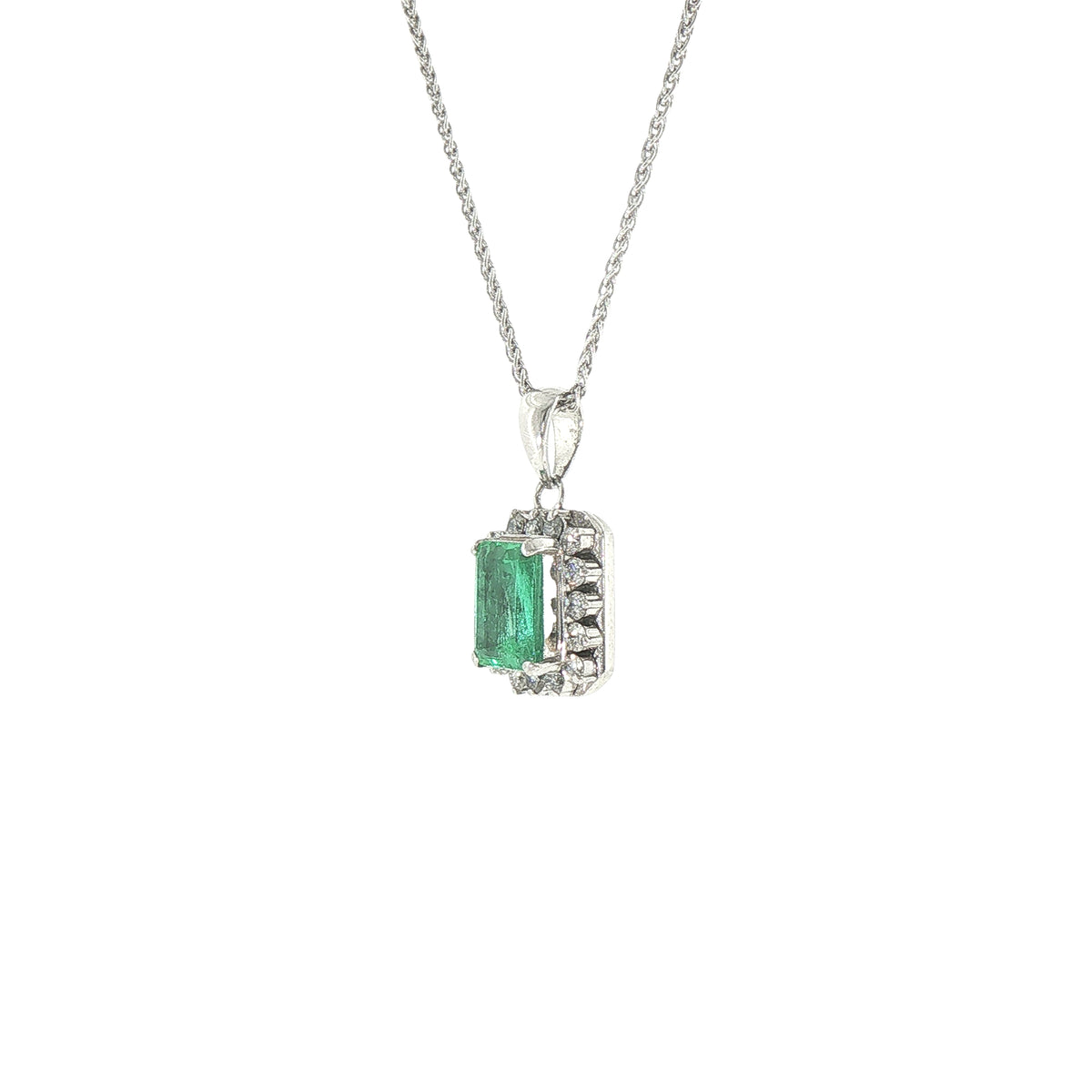 Platinum Emerald Cut Natural Emerald & Diamond Halo Pendant Necklace