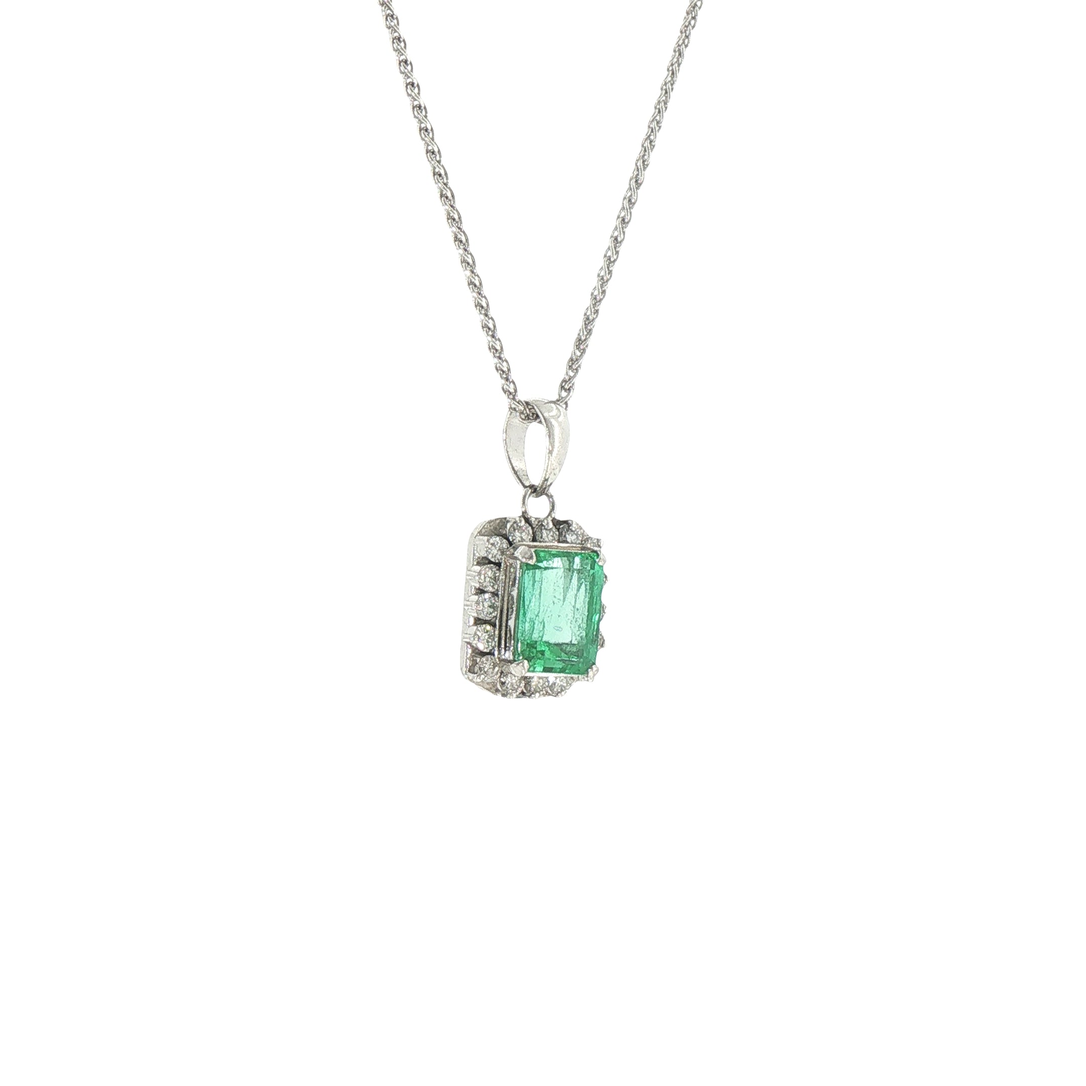 Platinum Emerald Cut Natural Emerald & Diamond Halo Pendant Necklace