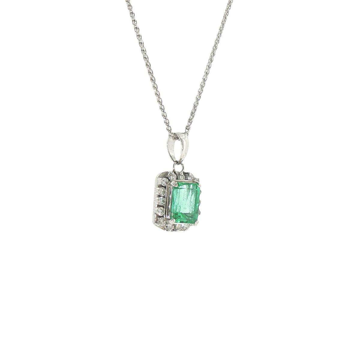 Platinum Emerald Cut Natural Emerald & Diamond Halo Pendant Necklace