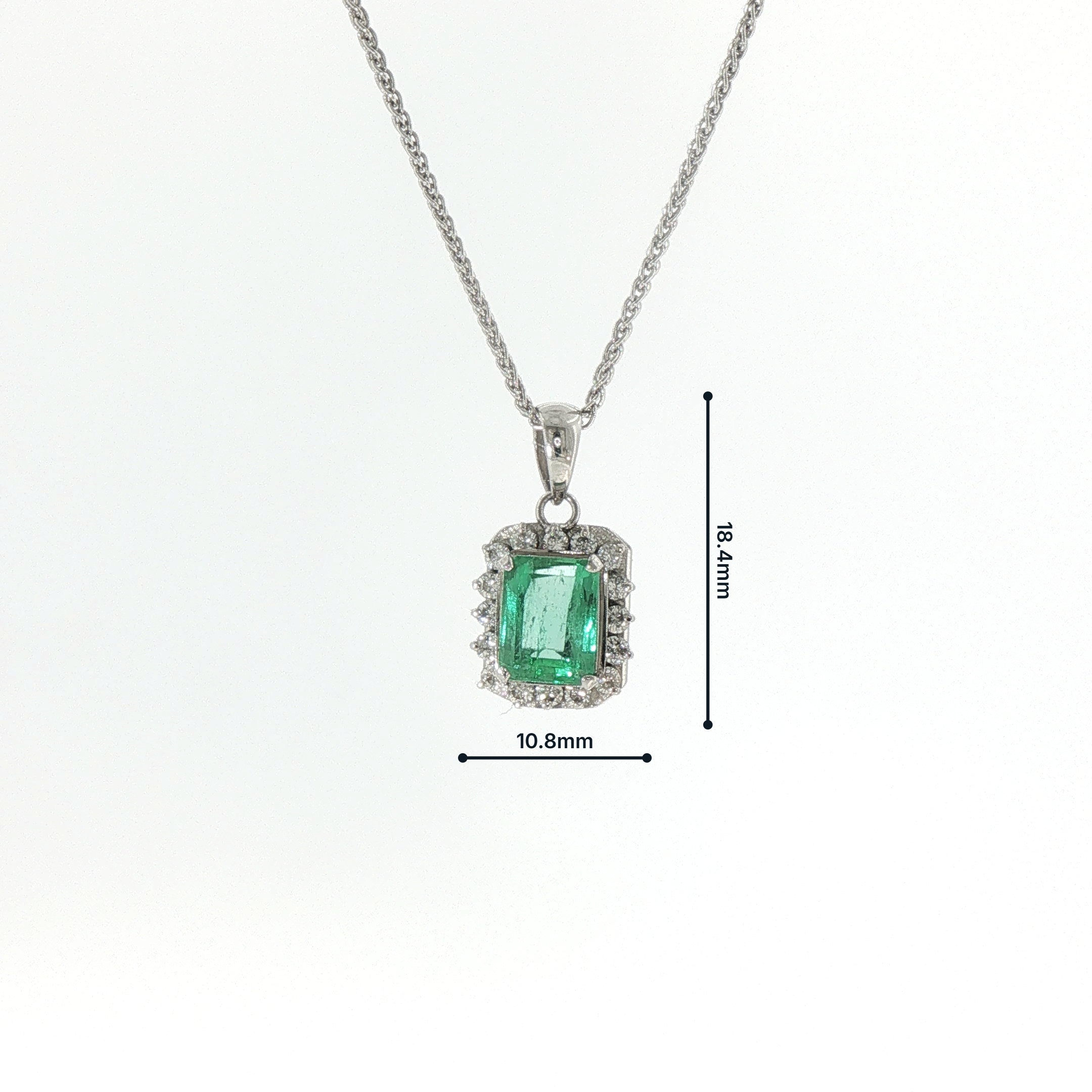 Platinum Emerald Cut Natural Emerald & Diamond Halo Pendant Necklace