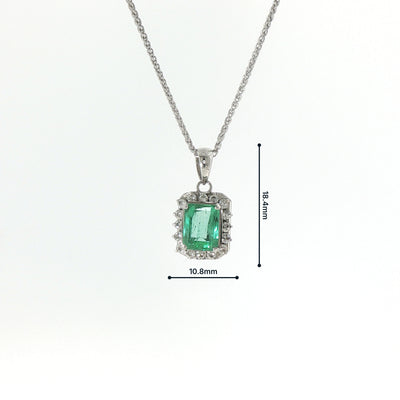 Platinum Emerald Cut Natural Emerald & Diamond Halo Pendant Necklace