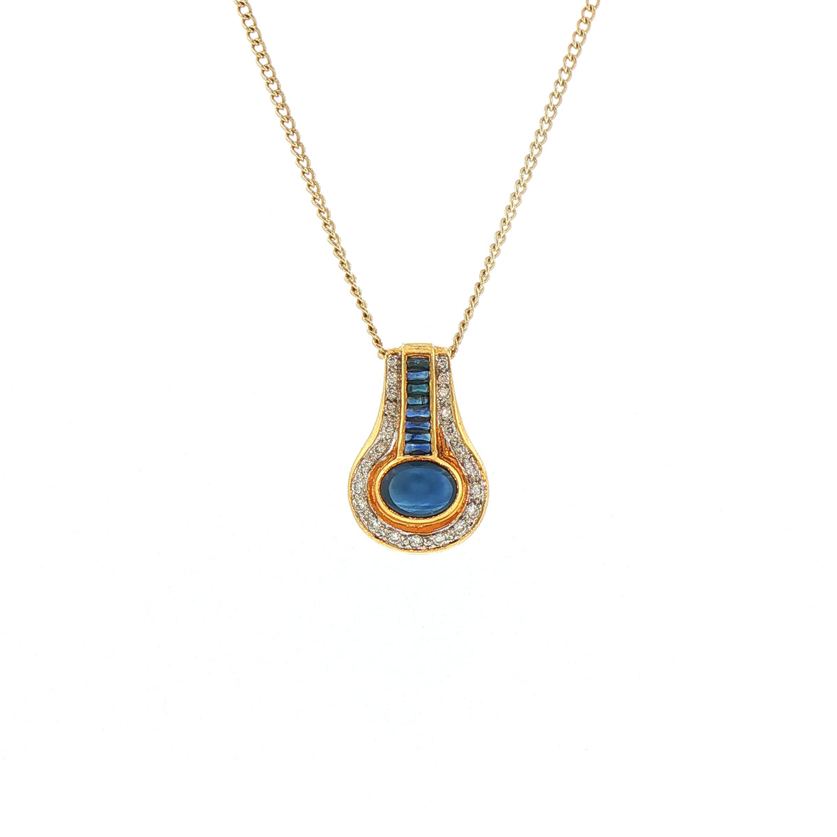 Vintage Cabachon Sapphire and Natural Diamond Drop Pendant and Chain in Yellow Gold