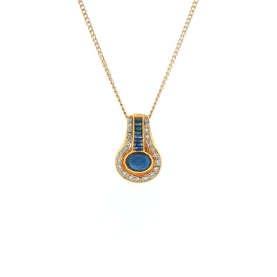Vintage Cabachon Sapphire and Natural Diamond Drop Pendant and Chain in Yellow Gold