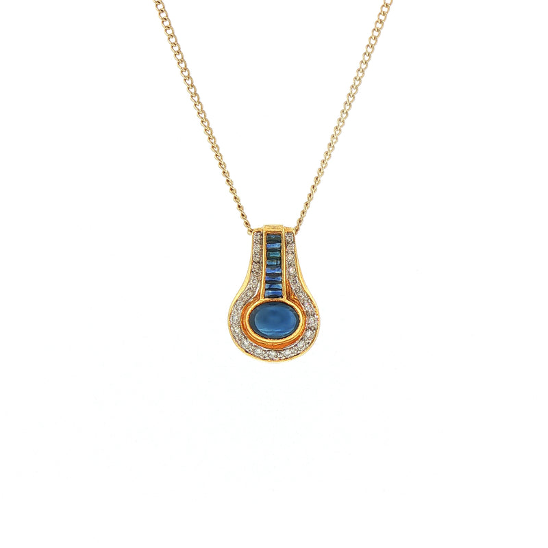 Vintage Cabachon Sapphire and Natural Diamond Drop Pendant and Chain in Yellow Gold