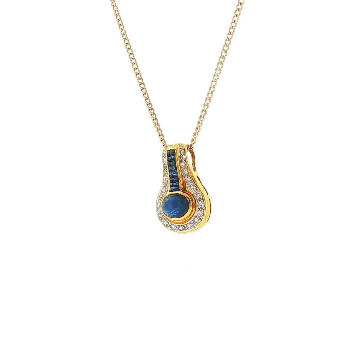 Vintage Cabachon Sapphire and Natural Diamond Drop Pendant and Chain in Yellow Gold
