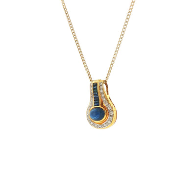 Vintage Cabachon Sapphire and Natural Diamond Drop Pendant and Chain in Yellow Gold