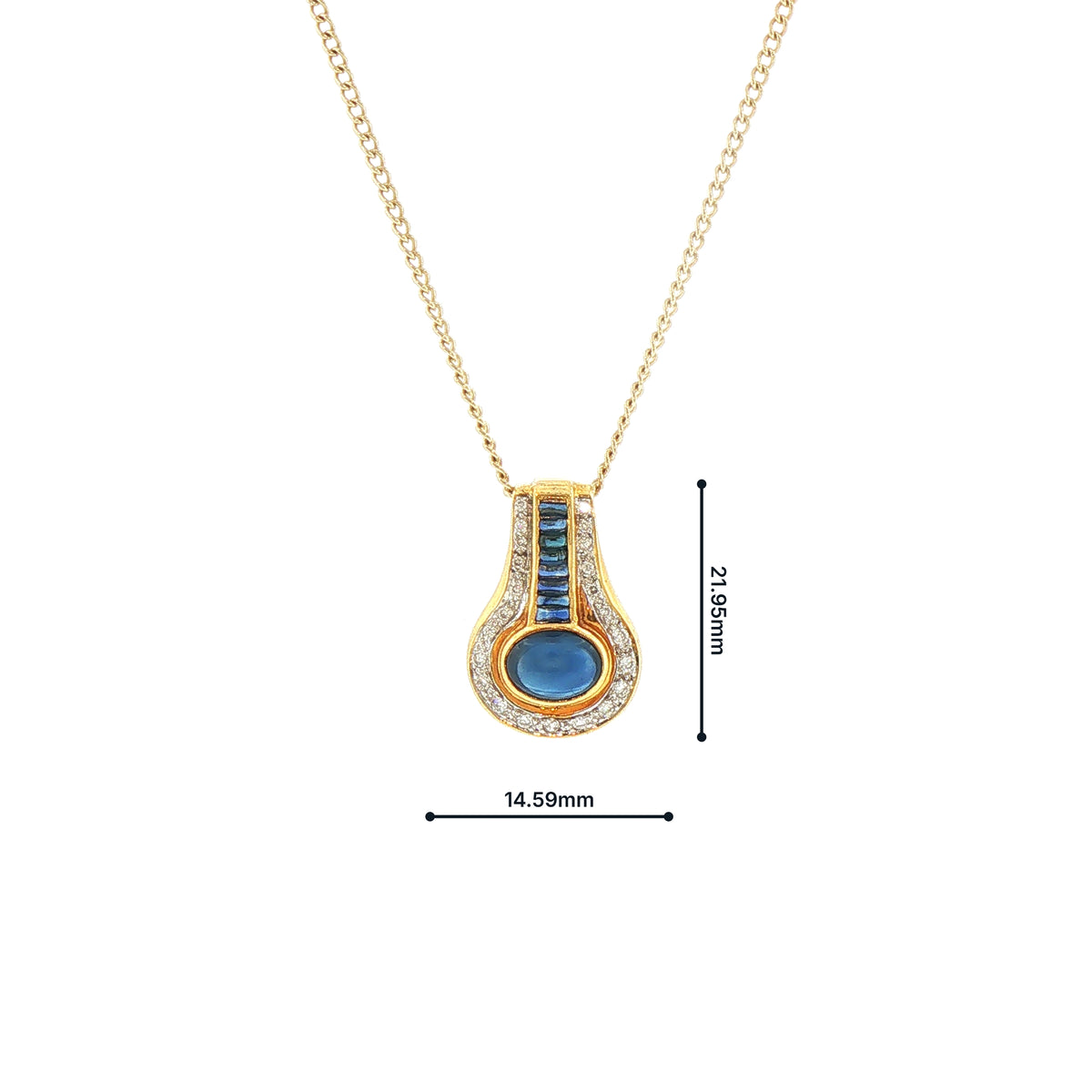 Vintage Cabachon Sapphire and Natural Diamond Drop Pendant and Chain in Yellow Gold