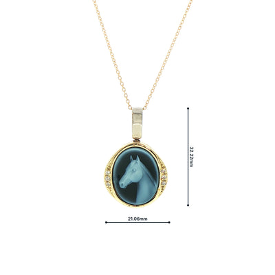 Vintage Oval Horse Blue 0.06ct Agate Cameo Pendant in 14ct Yellow Gold