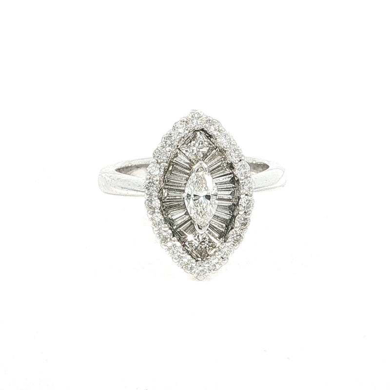 Vintage Marquise Natural Diamond Sunburst Cocktail Ring in 18ct White Gold