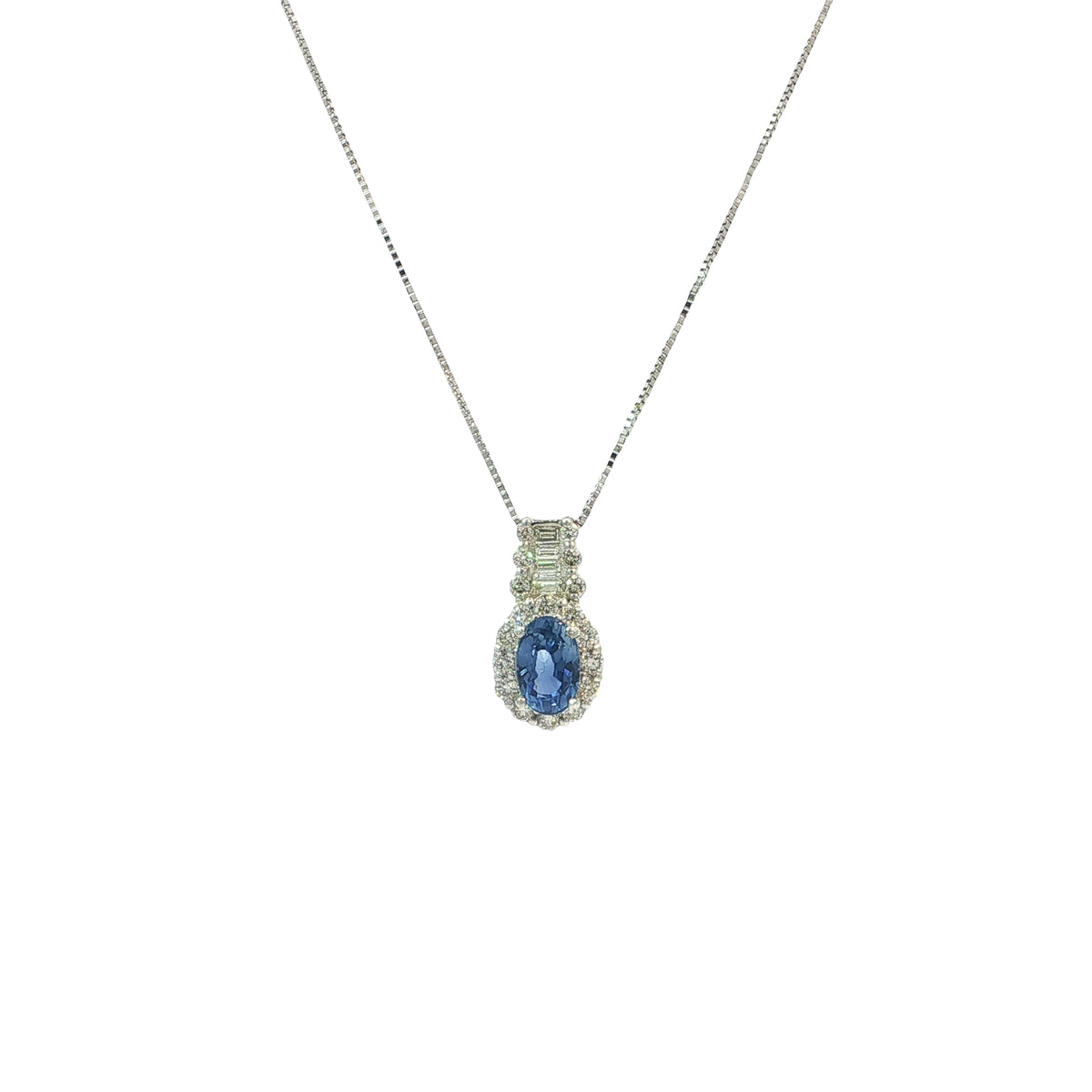 Vintage 1.57 Sapphire and 0.5 Diamond Oval Pendant and Chain in Platinum