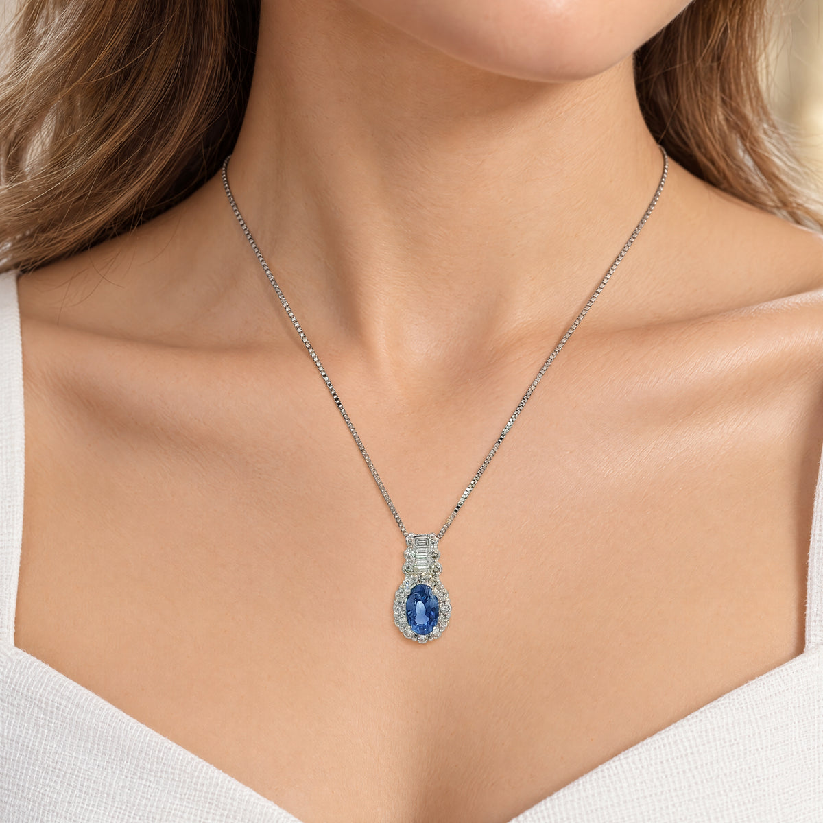 Vintage 1.57 Sapphire and 0.5 Diamond Oval Pendant and Chain in Platinum