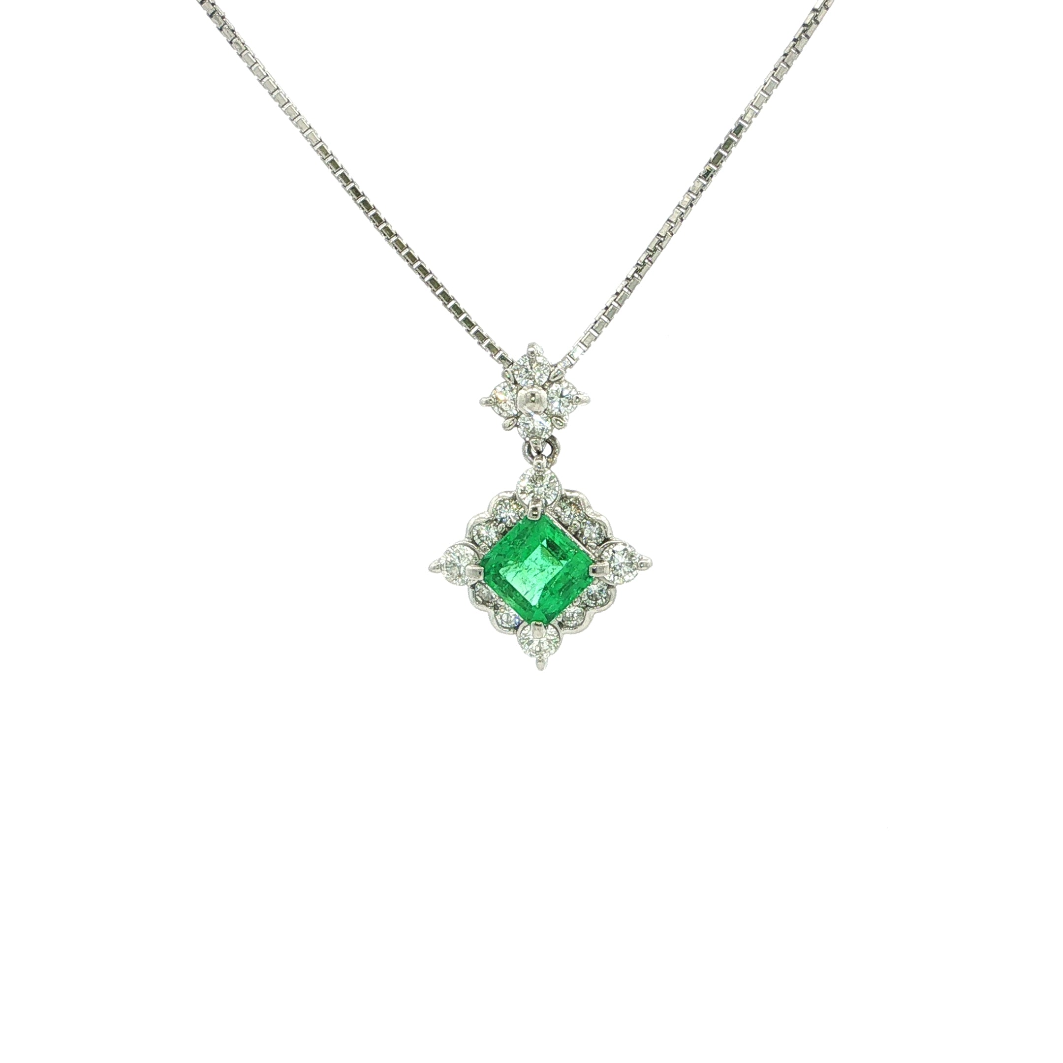 Vintage Emerald And Natural Diamond Cluster Pendant Set In Platinum