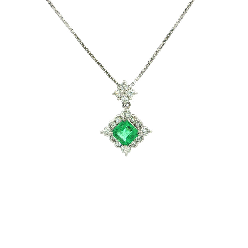 Vintage Emerald And Natural Diamond Cluster Pendant Set In Platinum