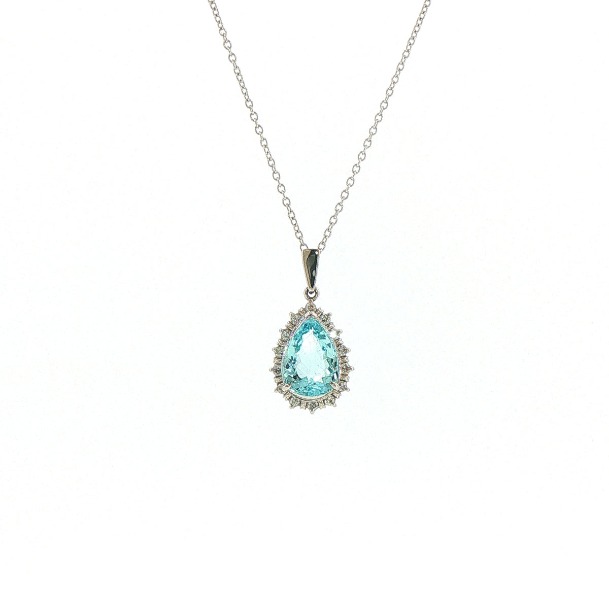 Vintage Aquamarine and Natural Diamond Pear Cluster Pendant and Chain in Platinum