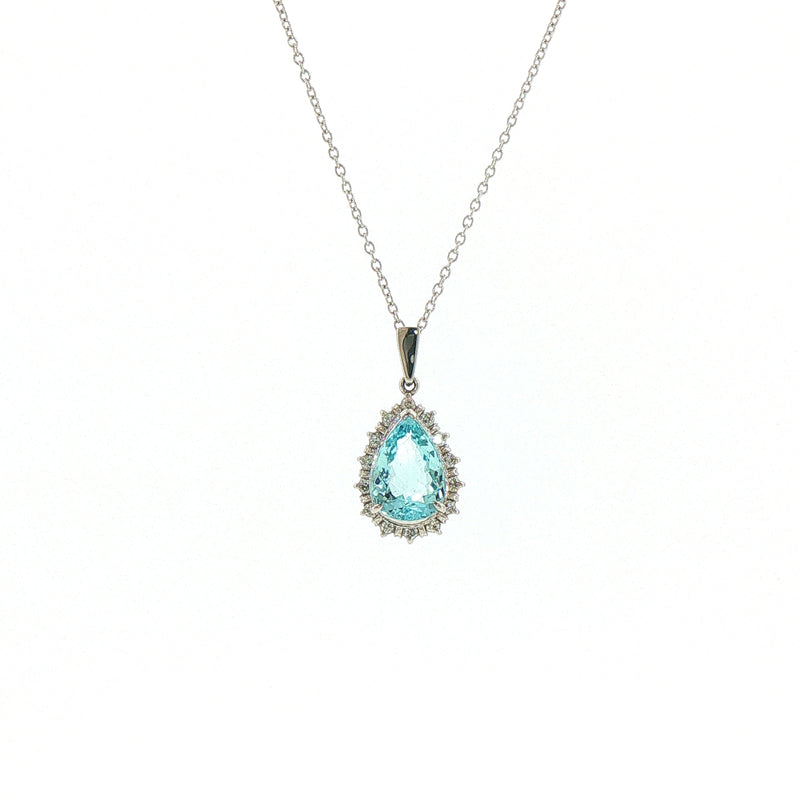 Vintage Aquamarine and Natural Diamond Pear Cluster Pendant and Chain in Platinum