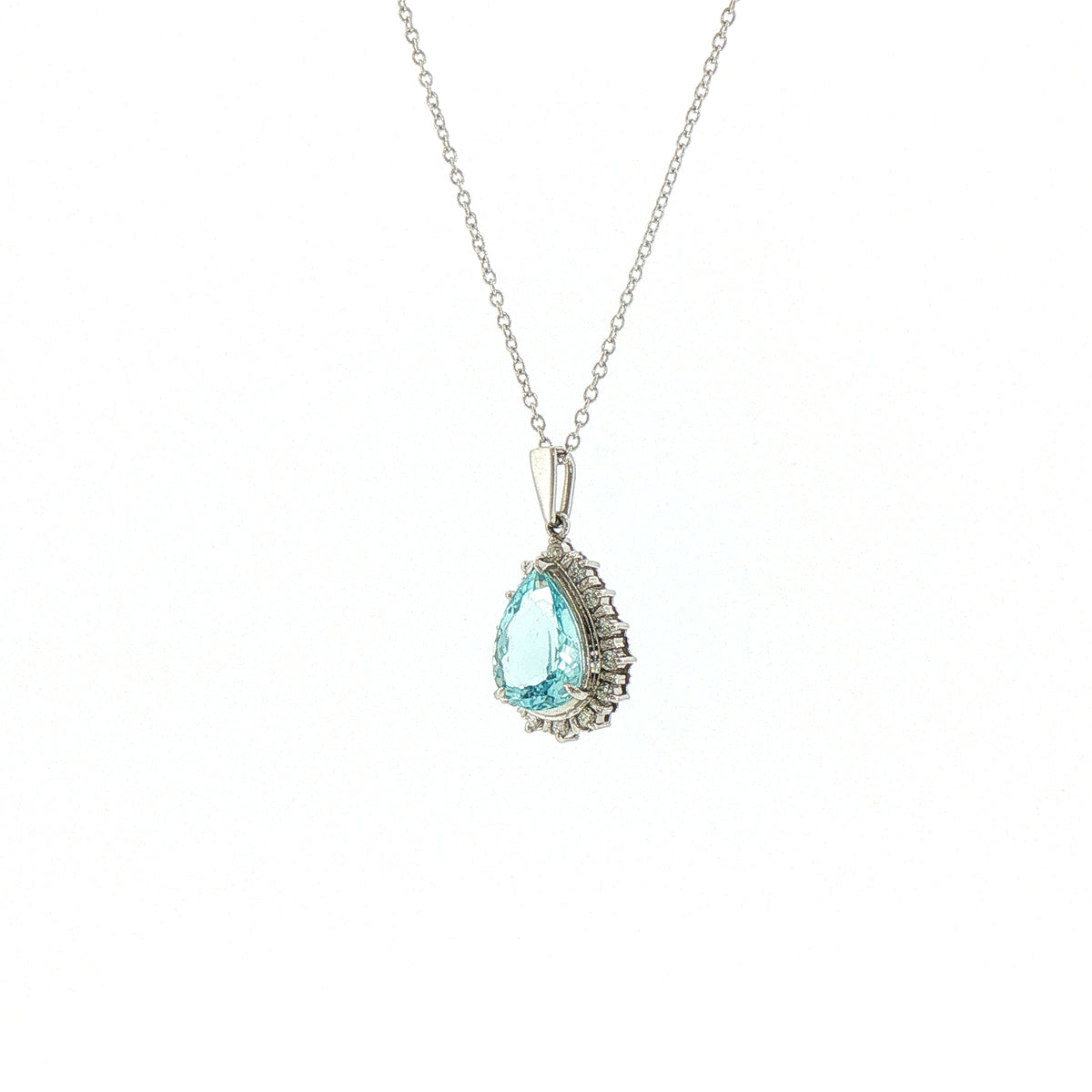 Vintage Aquamarine and Natural Diamond Pear Cluster Pendant and Chain in Platinum