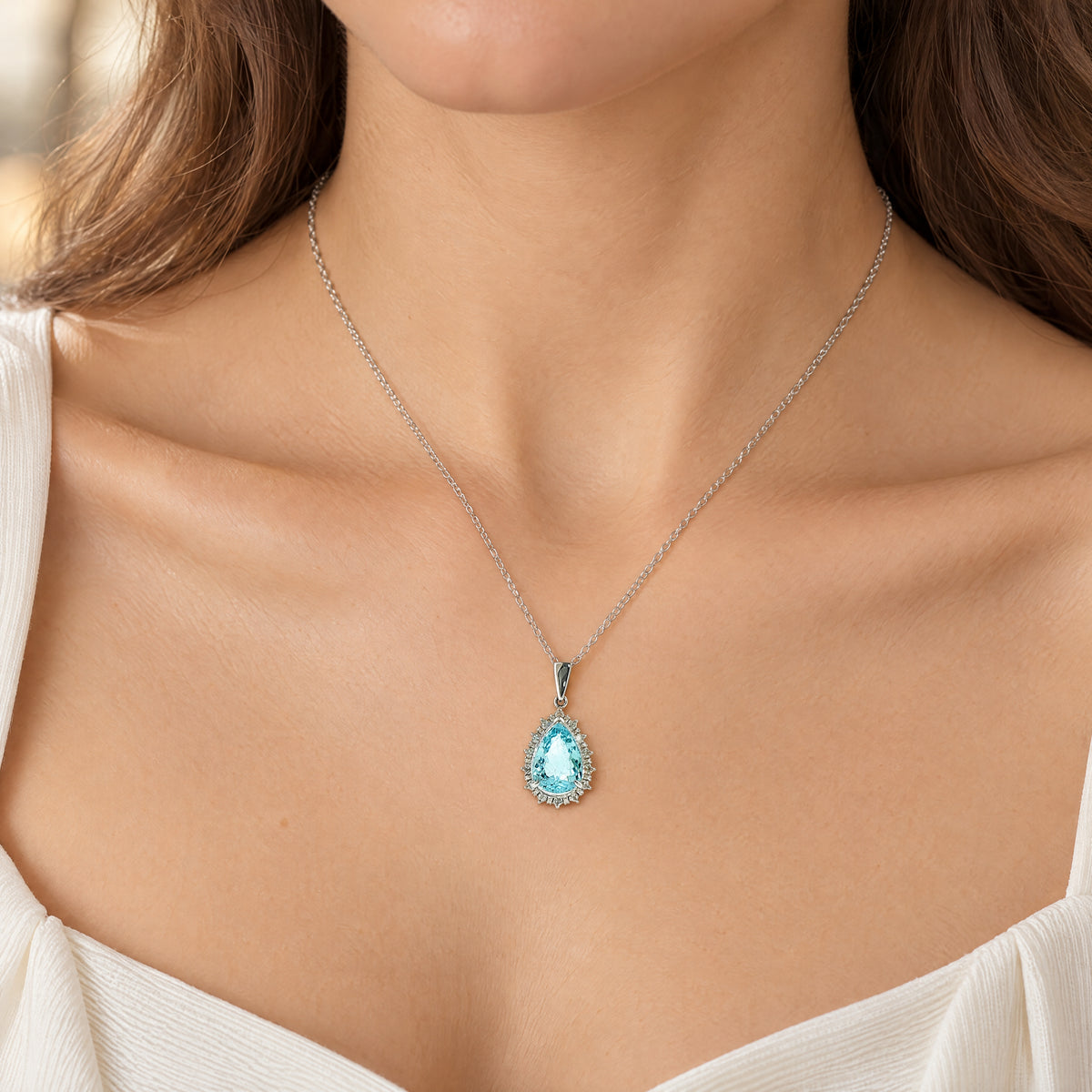 Vintage Aquamarine and Natural Diamond Pear Cluster Pendant and Chain in Platinum