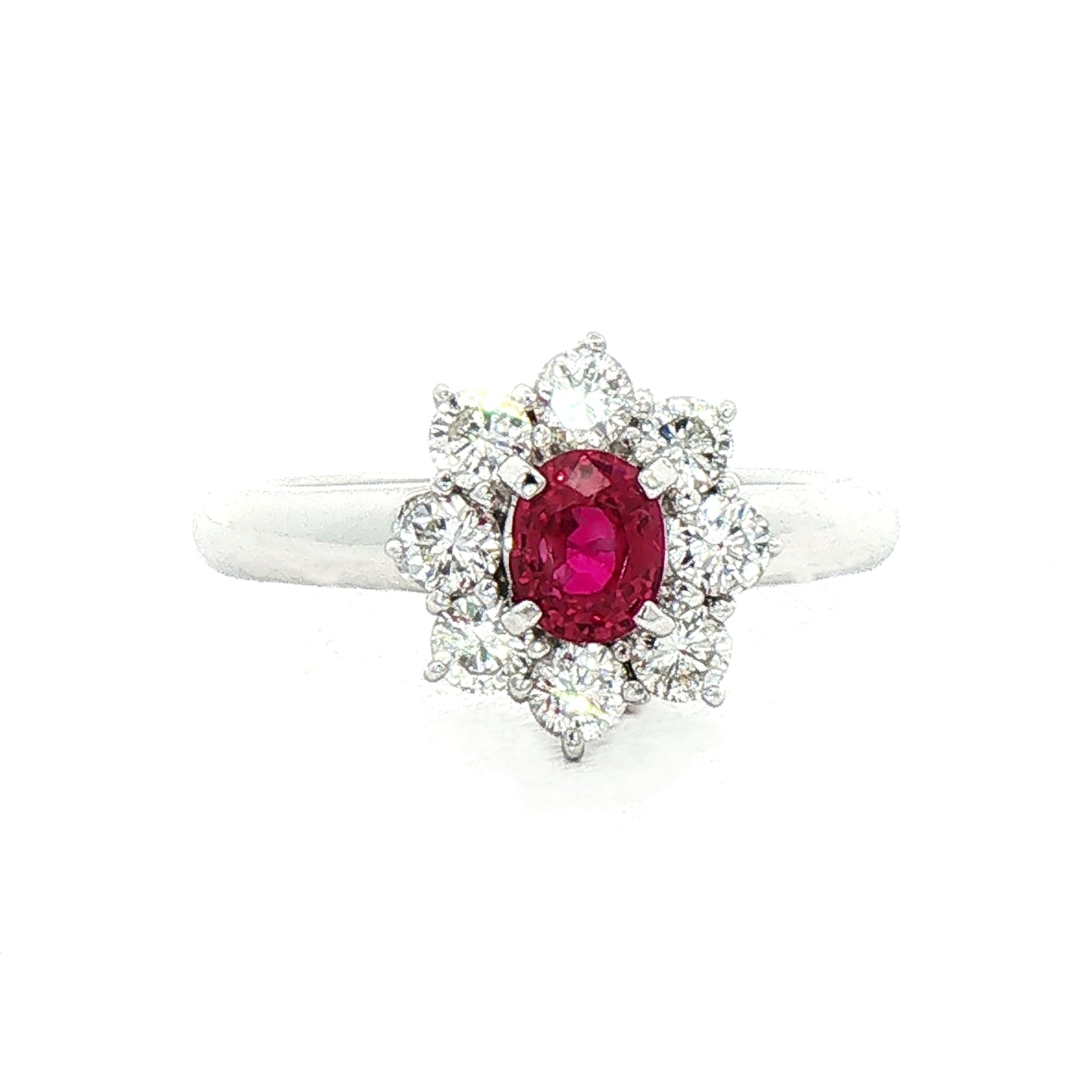 0.64ct Ruby & 0.61ct Natural Diamond Halo Flower Cluster Ring in Platinum