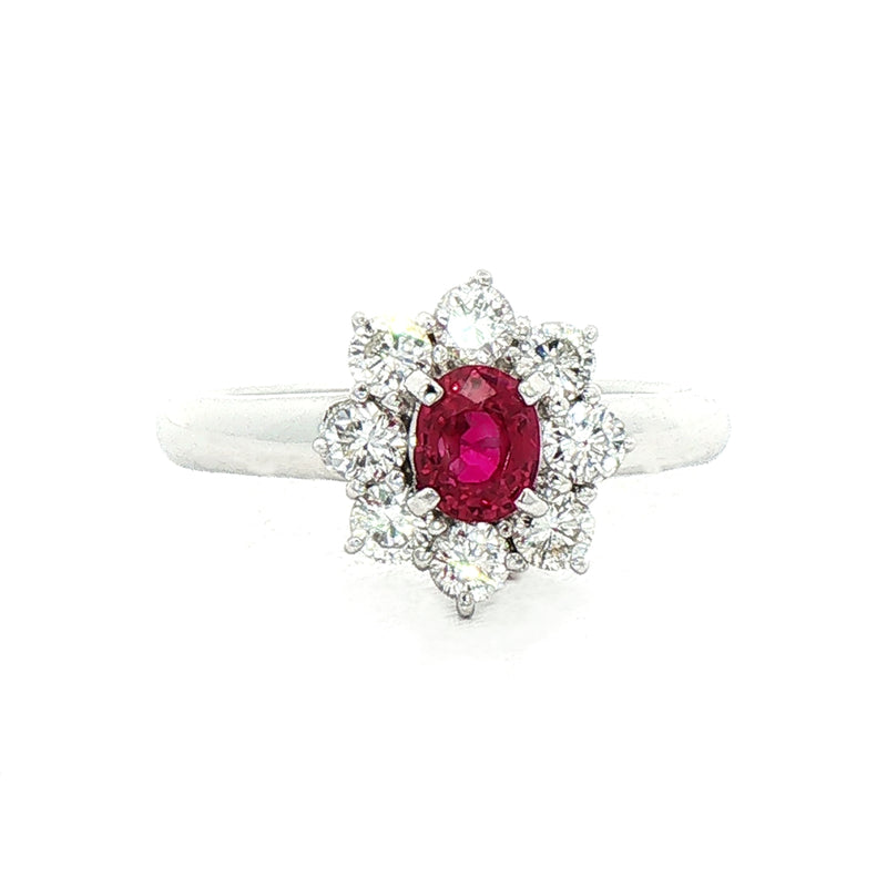 0.64ct Ruby & 0.61ct Natural Diamond Halo Flower Cluster Ring in Platinum