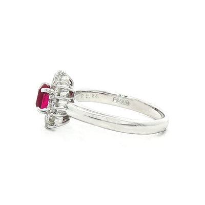 0.64ct Ruby & 0.61ct Natural Diamond Halo Flower Cluster Ring in Platinum
