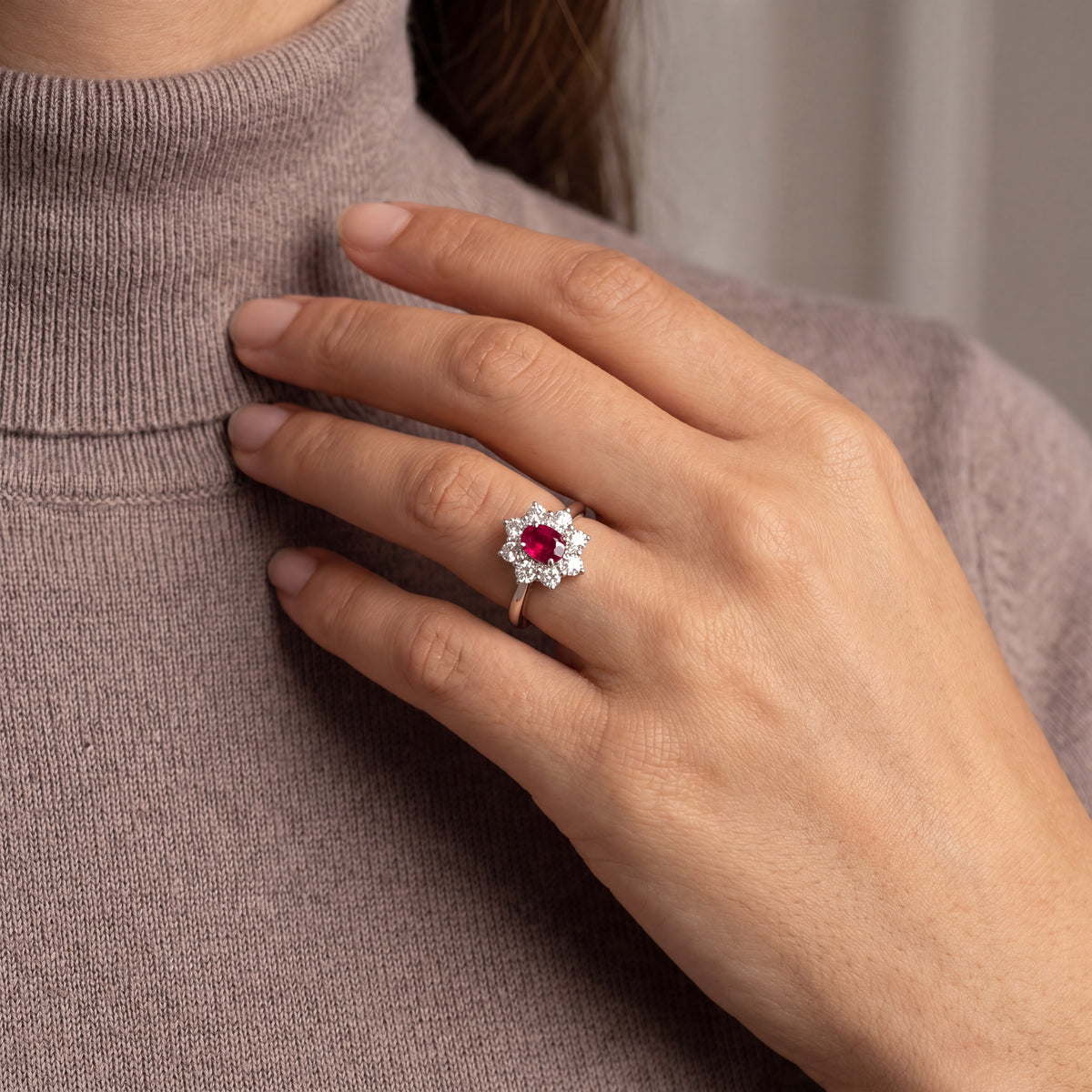 0.64ct Ruby & 0.61ct Natural Diamond Halo Flower Cluster Ring in Platinum