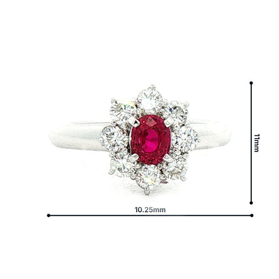 0.64ct Ruby & 0.61ct Natural Diamond Halo Flower Cluster Ring in Platinum