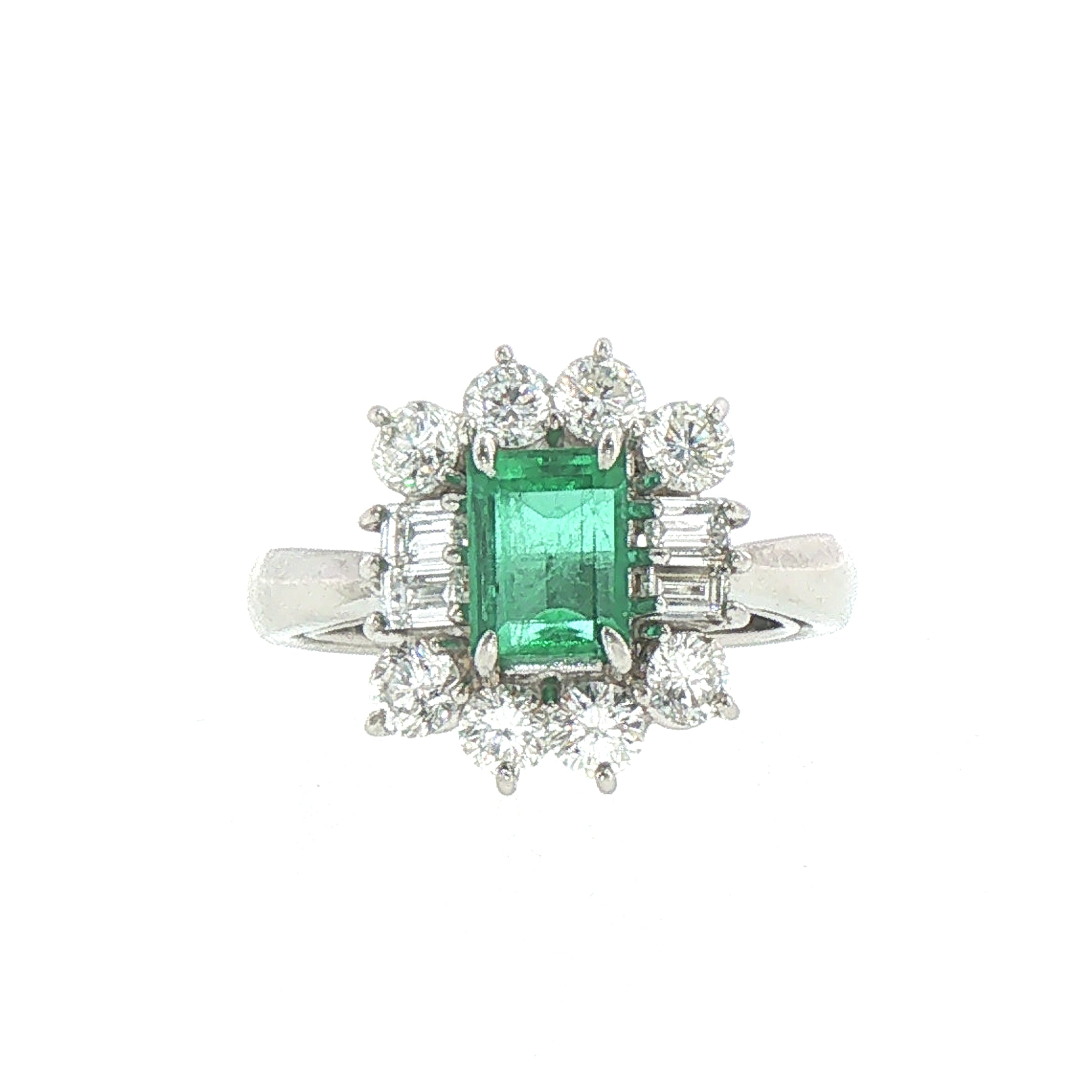 Platinum 0.83ct Emerald and Natural Diamond Halo Cocktail Ring