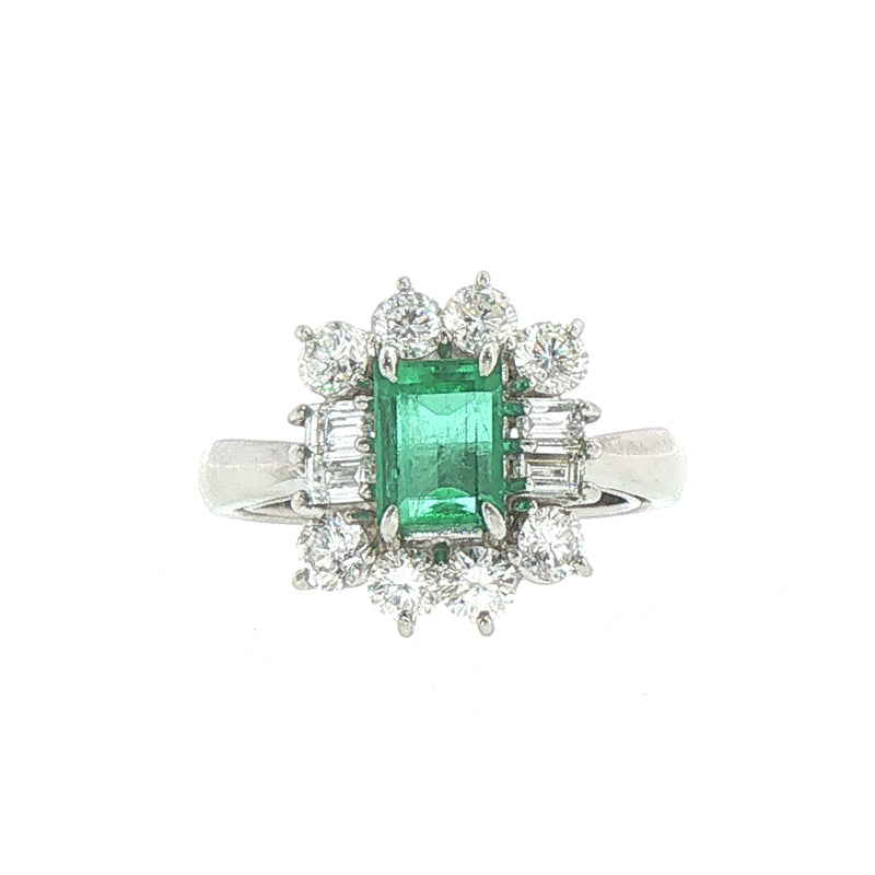 Platinum 0.83ct Emerald and Natural Diamond Halo Cocktail Ring
