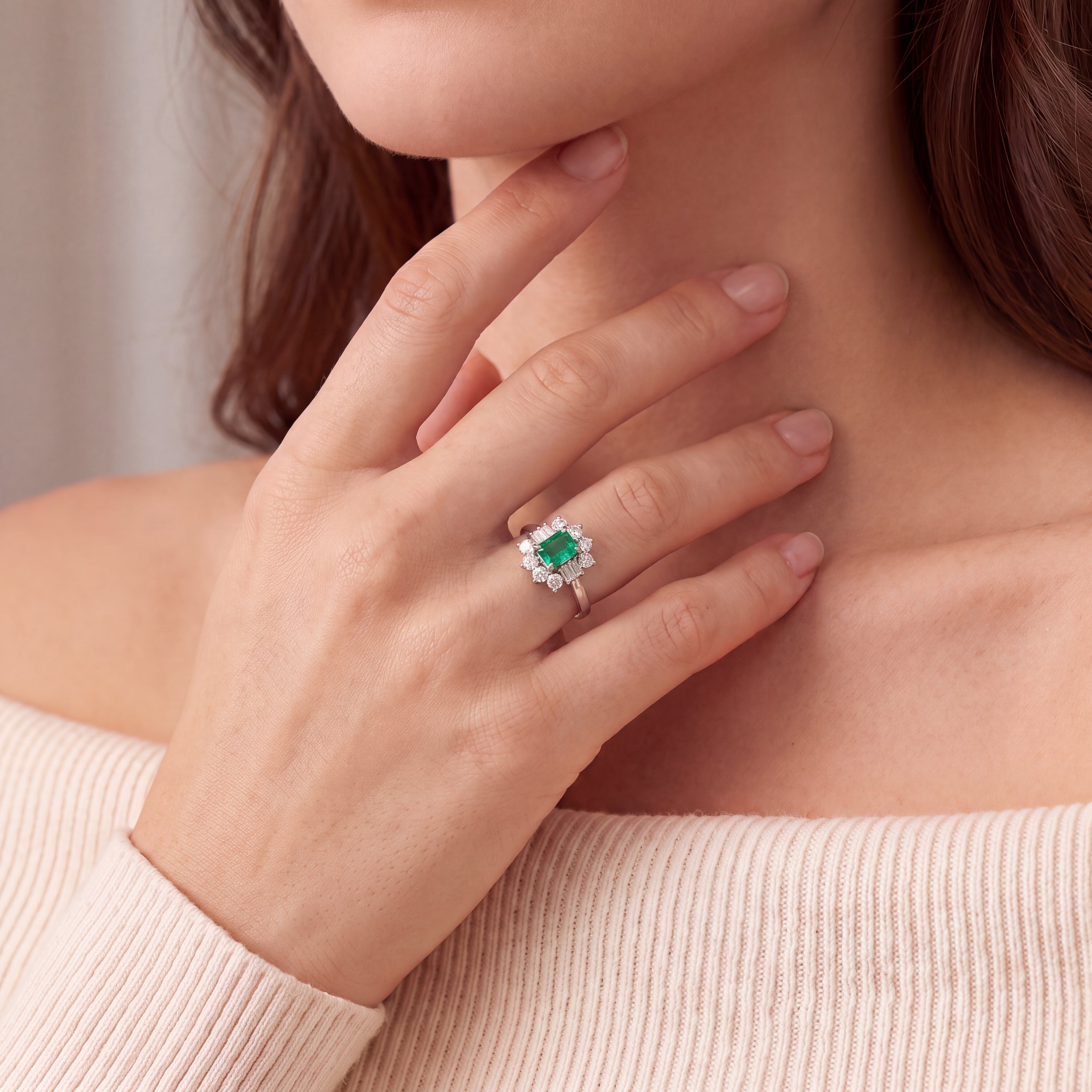 Platinum 0.83ct Emerald and Natural Diamond Halo Cocktail Ring