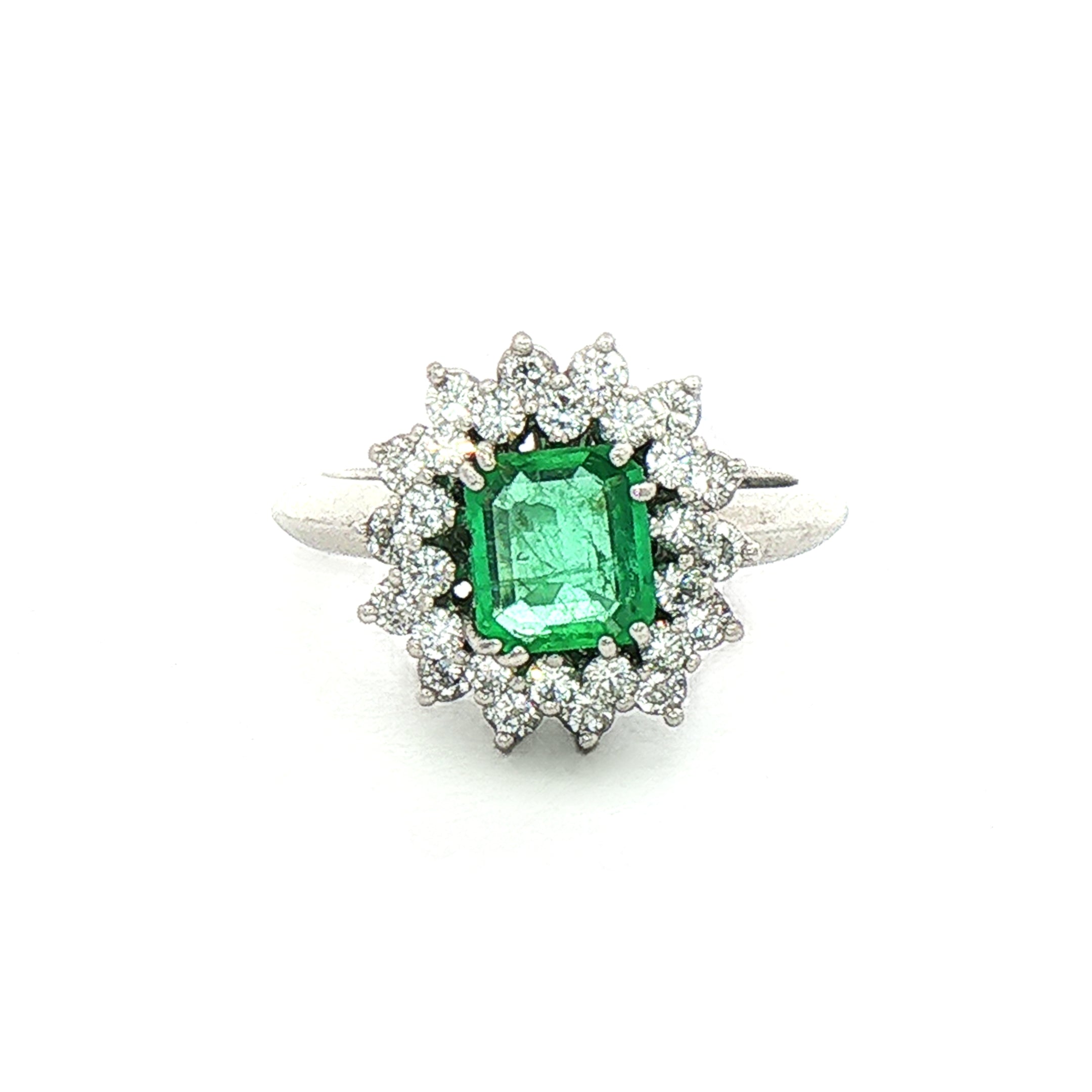 0.75ct Emerald & 1.00ct Natural Diamond Sunburst Halo Cocktail Ring in 18ct White Gold