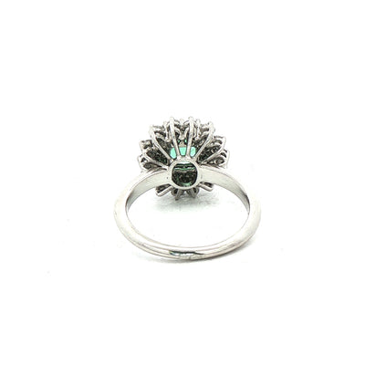 0.75ct Emerald & 1.00ct Natural Diamond Sunburst Halo Cocktail Ring in 18ct White Gold