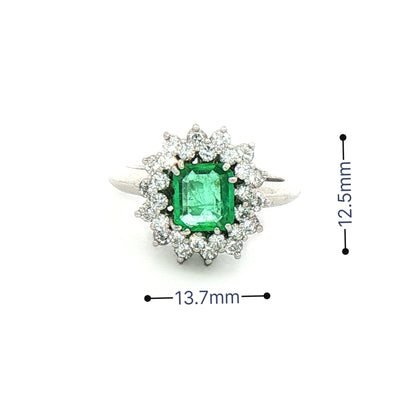 0.75ct Emerald & 1.00ct Natural Diamond Sunburst Halo Cocktail Ring in 18ct White Gold