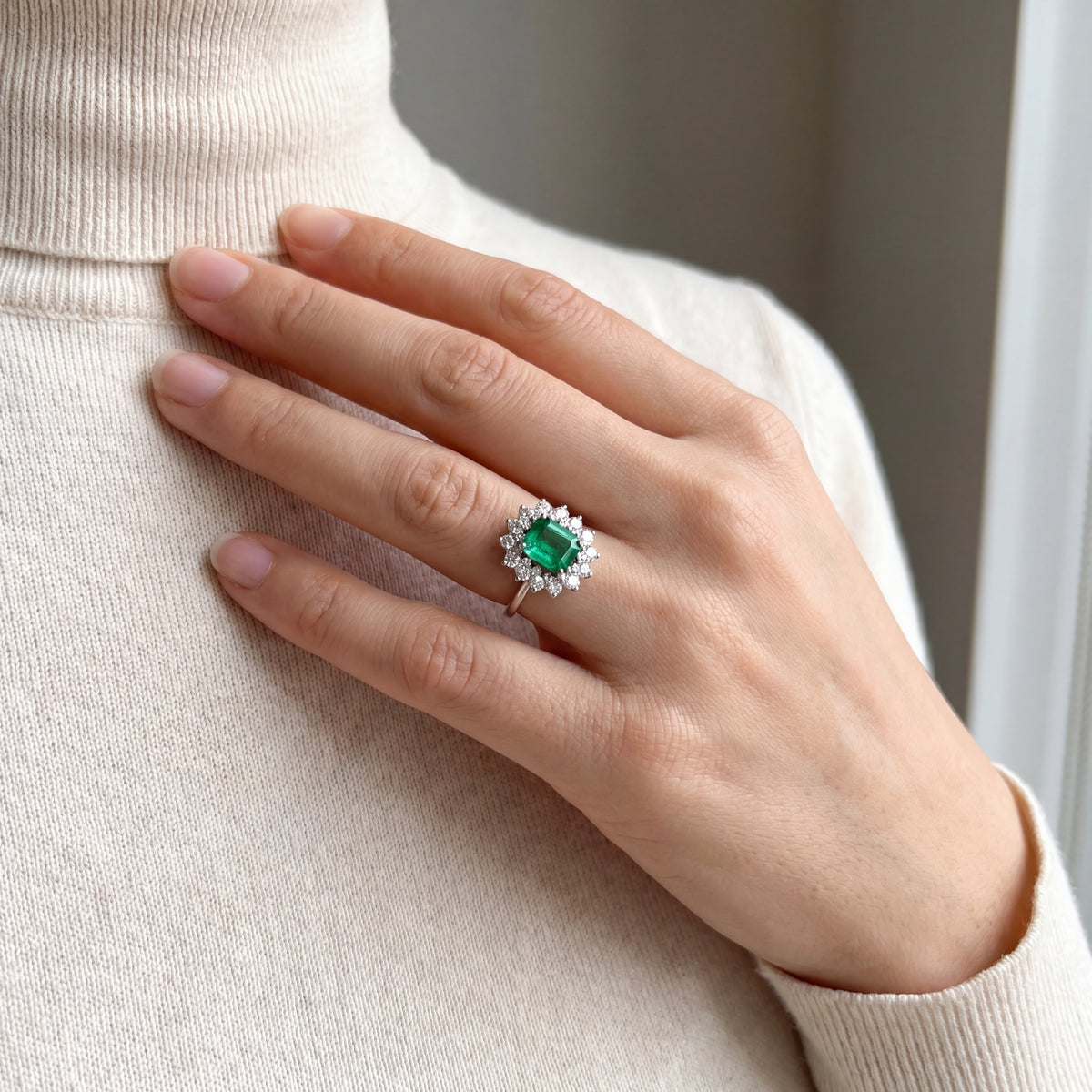 0.75ct Emerald & 1.00ct Natural Diamond Sunburst Halo Cocktail Ring in 18ct White Gold
