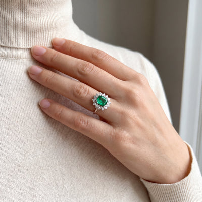 0.75ct Emerald & 1.00ct Natural Diamond Sunburst Halo Cocktail Ring in 18ct White Gold