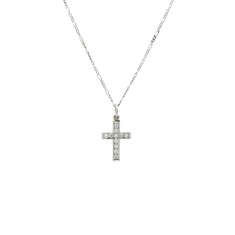 Vintage Small Natural Diamond Cross and Figaro Style Chain in 18ct White Gold