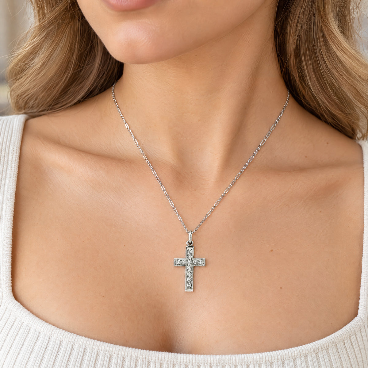 Vintage Small Natural Diamond Cross and Figaro Style Chain in 18ct White Gold