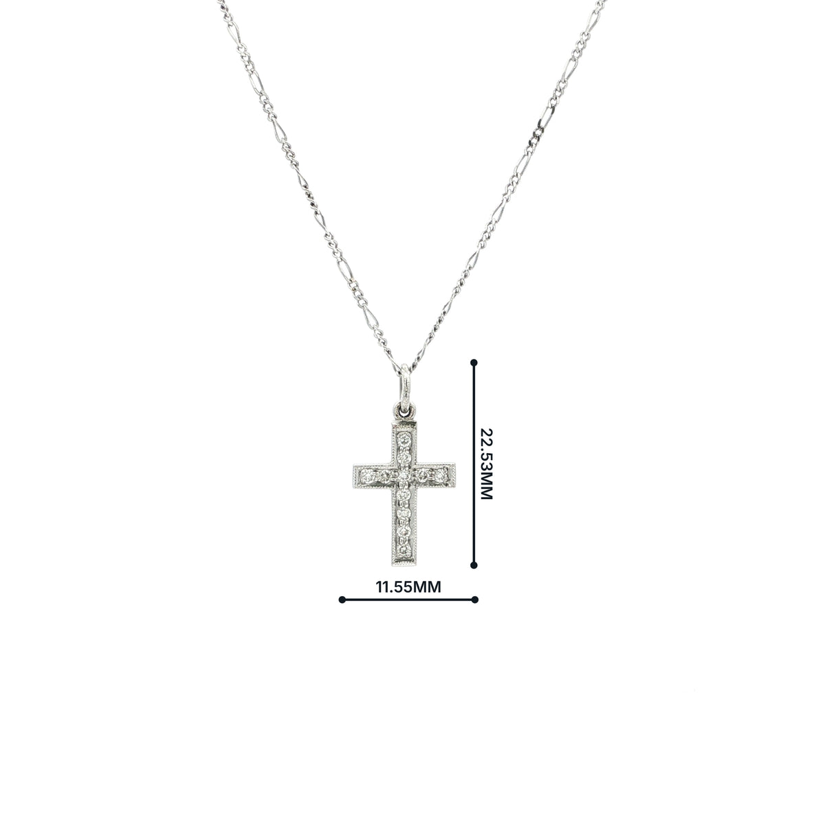 Vintage Small Natural Diamond Cross and Figaro Style Chain in 18ct White Gold