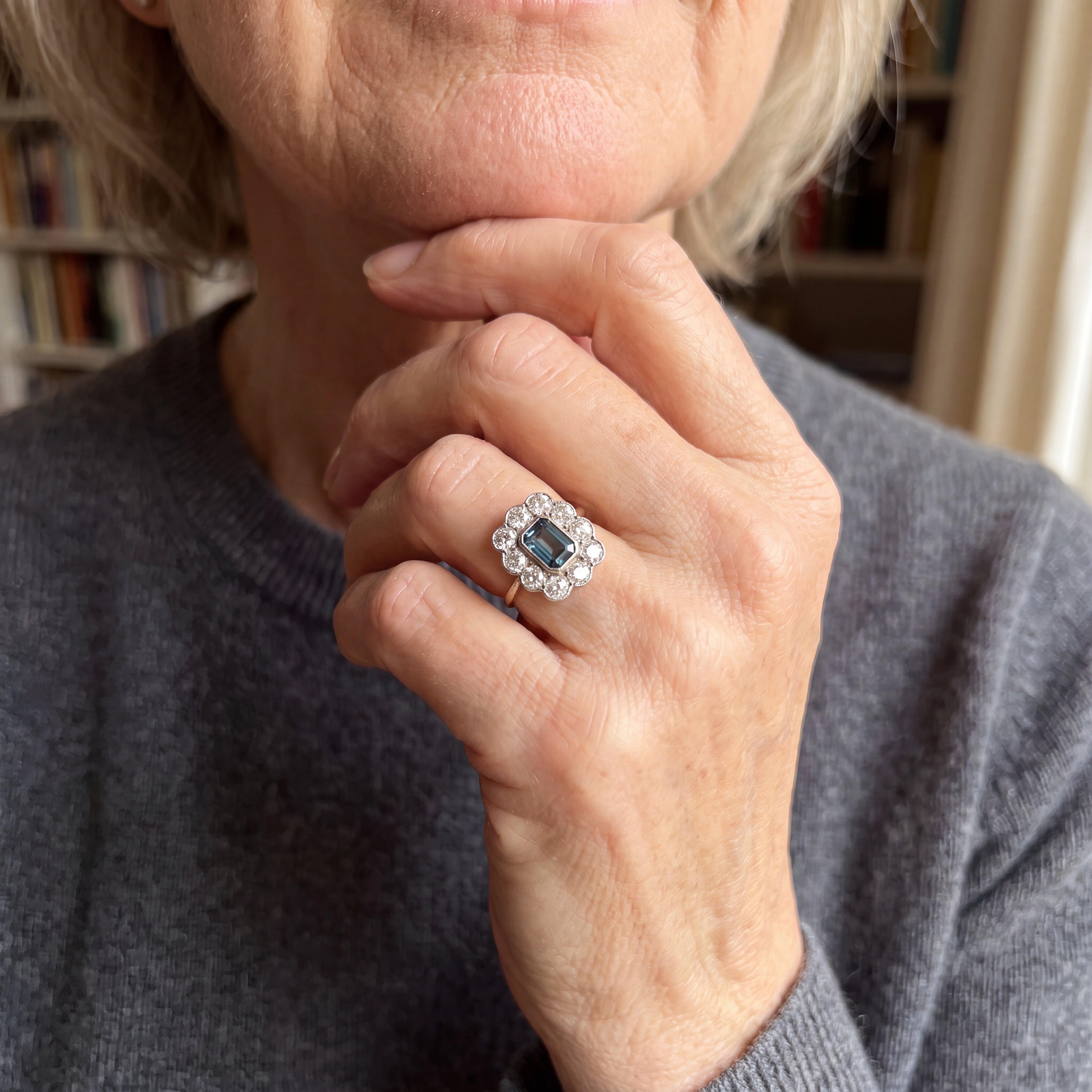 1.67ct Natural Diamond and Emerald Cut Sapphire Cluster  Ring in 18ct White Gold