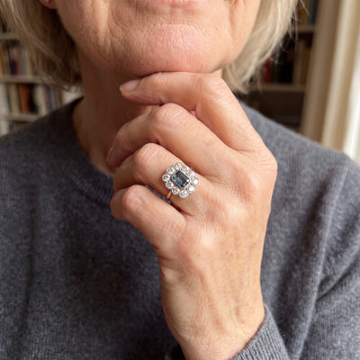 1.67ct Natural Diamond and Emerald Cut Sapphire Cluster  Ring in 18ct White Gold