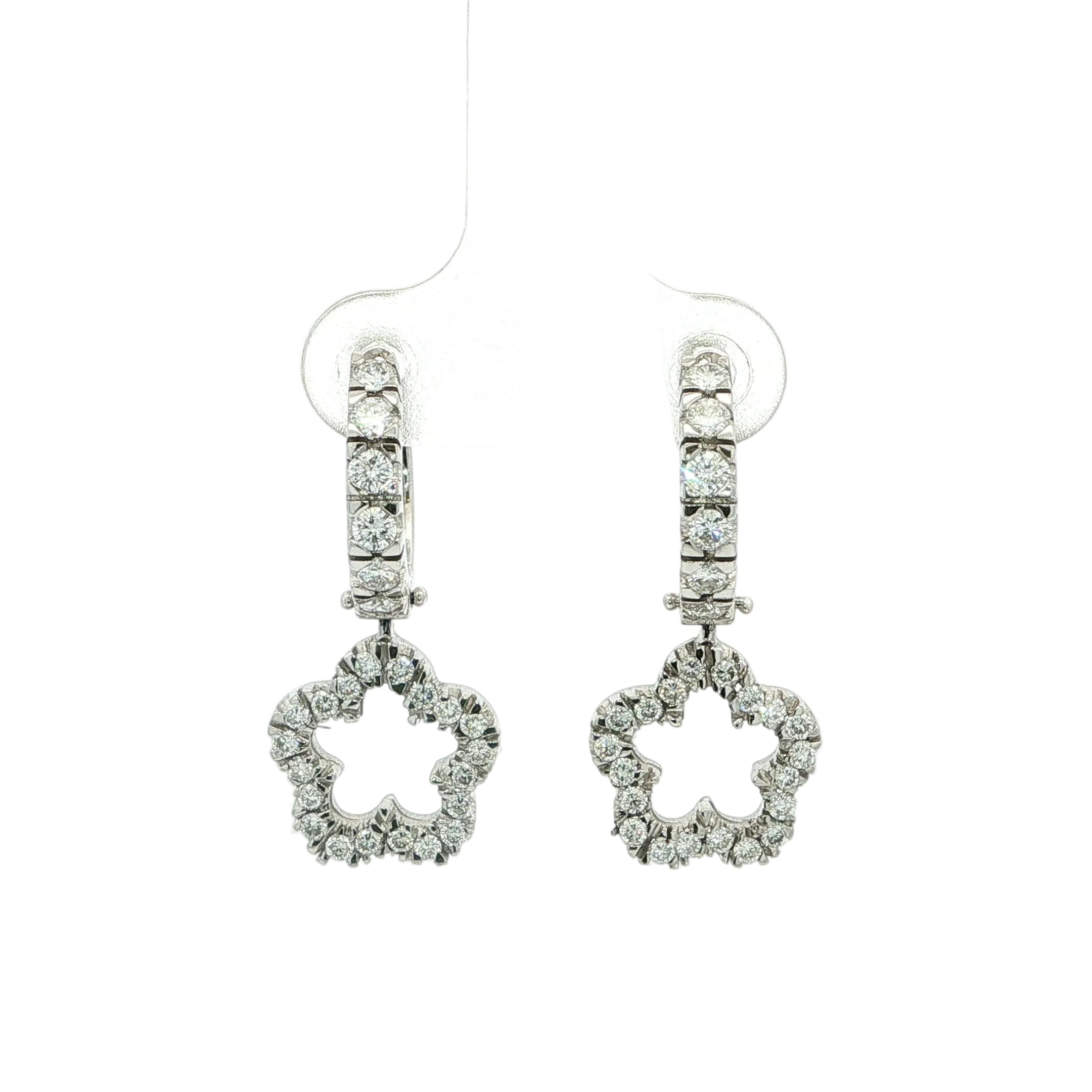 1.06ct Natural Diamond Hoop Earrings With A Diamond Flower Cluster Drop,18ct White Gold