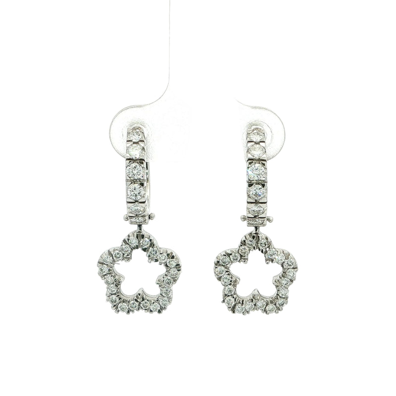 1.06ct Natural Diamond Hoop Earrings With A Diamond Flower Cluster Drop,18ct White Gold